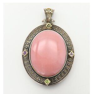 Large Vintage Natural Pink Opal Pendant Sterling Silver 925 and 18k